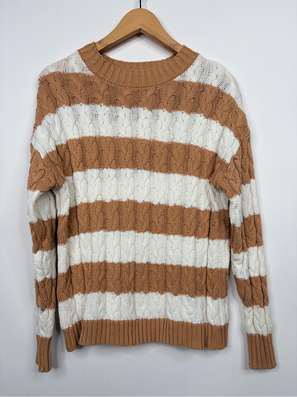 Time and Tru Striped Cable Knit Sweater - Cream & Tan